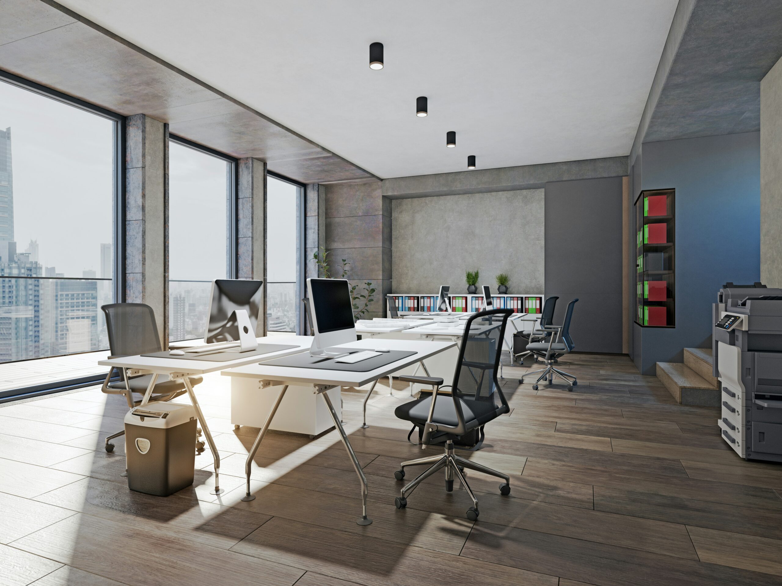 Um escritório amplo com impressora tanque de tinta que foi comprada.