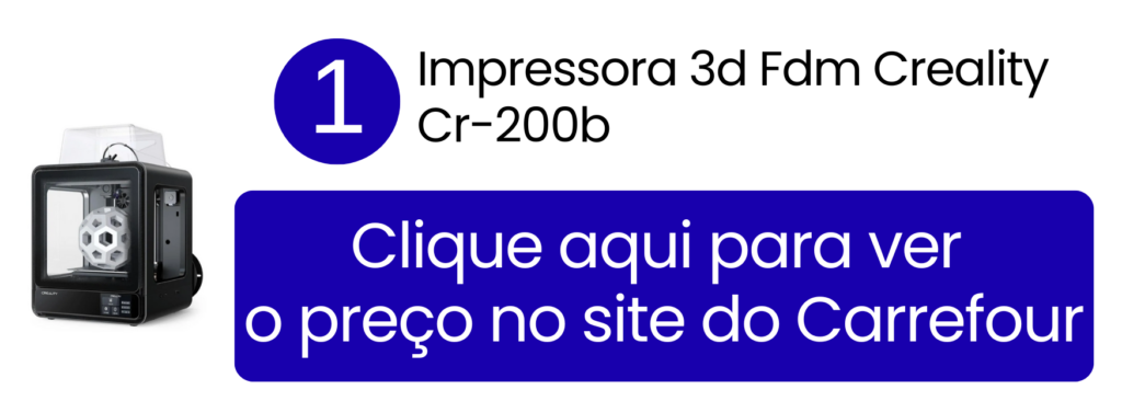 Modelo compacto e fechado da Creality CR-200B operando de forma silenciosa em ambiente doméstico no Carrefour.