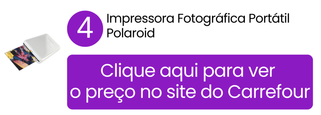 Design compacto e facilidade de uso da impressora de fotos portátil Polaroid para registros espontâneos no Carrefour.
