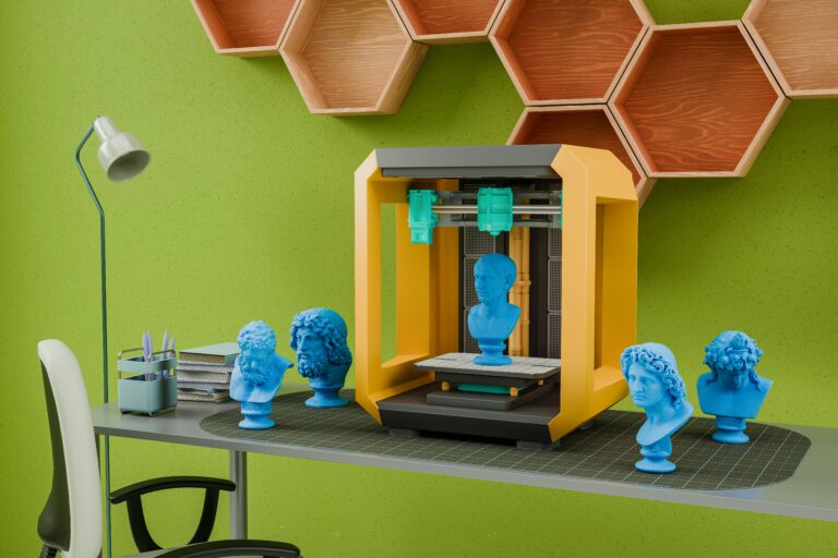 Impressora 3D em uma mesa de home office.