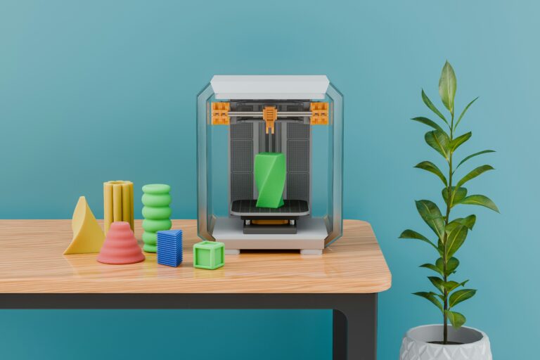 Uma impressora 3D na mesa de um escritório corporativo.
