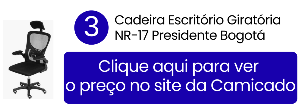 Cadeira presidente Bogotá preta giratória com certificação NR-17 para home office na Camicado.