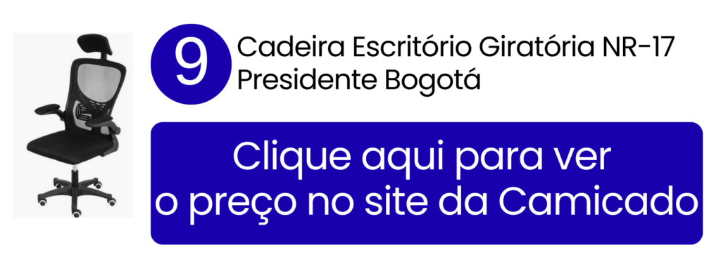 Cadeira escritório giratória NR-17 presidente Bogotá com encosto alto e base preta à venda na Camicado.
