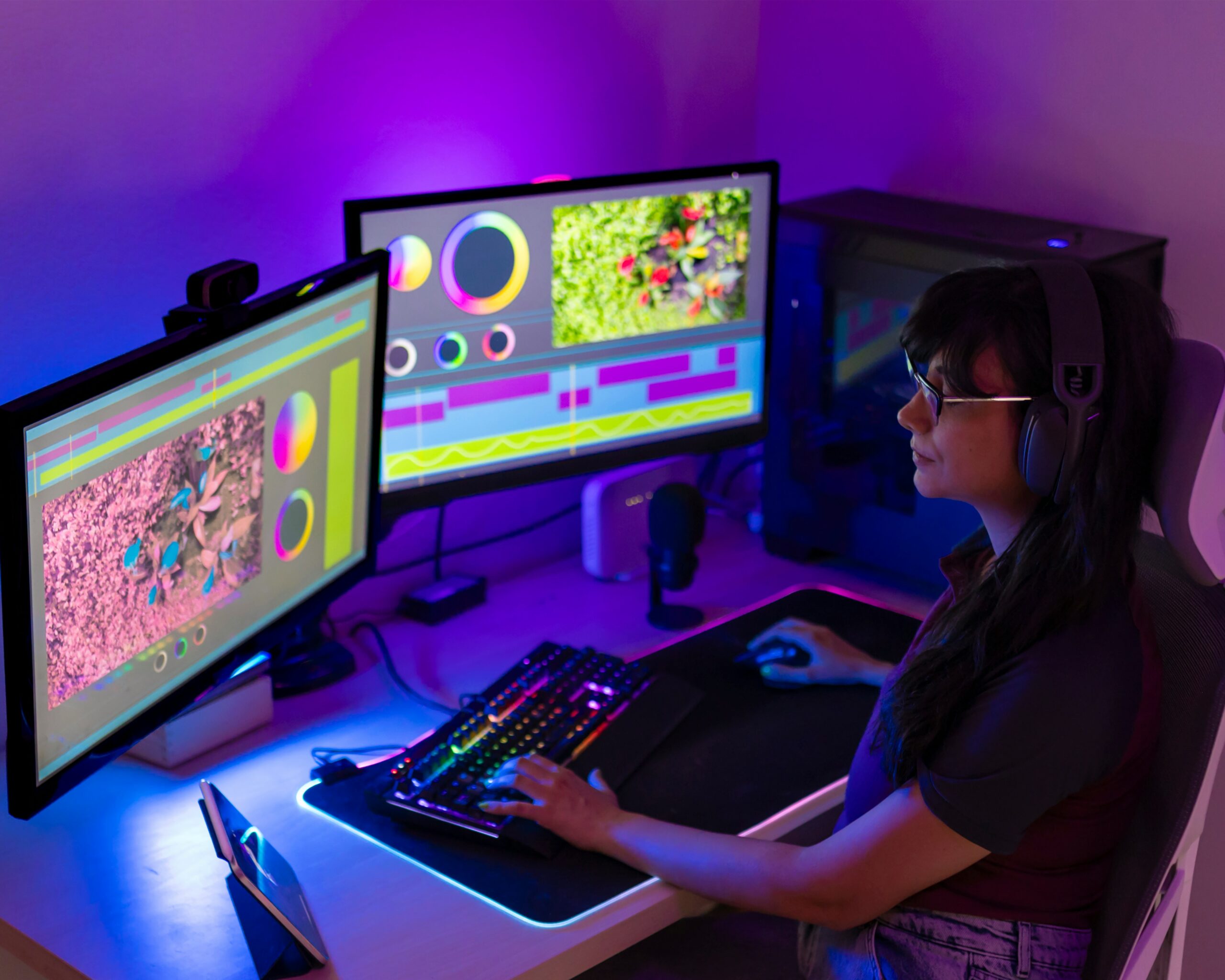 Pessoa sentada em uma cadeira gamer em frente ao computador, focada jogando um jogo dentro de casa.