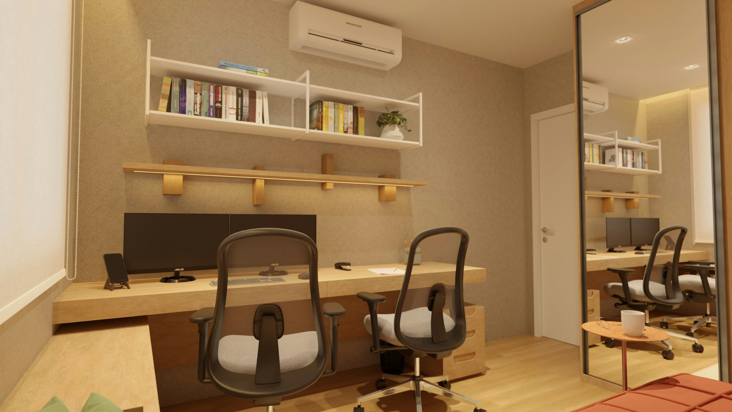 Um ambiente de home office equipado com armário, mesa, cadeiras e computadores.