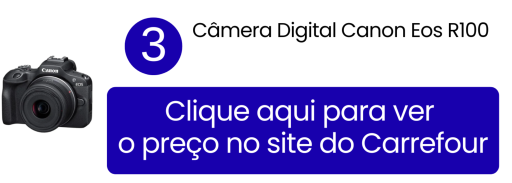 Imagem de destaque da câmera compacta Canon Eos R100, focada em praticidade e gravação 4K.