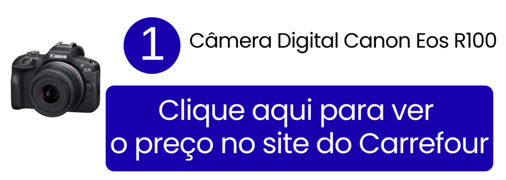 Imagem de destaque da câmera compacta Canon Eos R100, focada em praticidade para fotografia e vídeo.